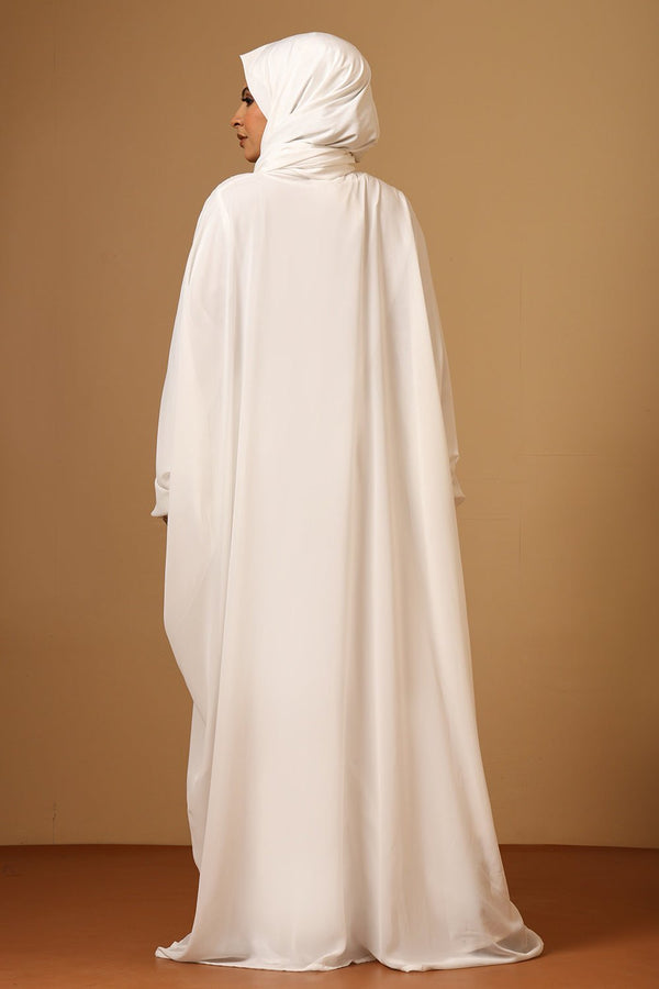 White Fine Georgette Kaftan Abaya with Gold Zari Embroider - EastEssence.com