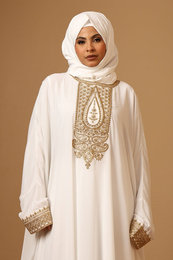 White Fine Georgette Kaftan Abaya with Gold Zari Embroider - EastEssence.com