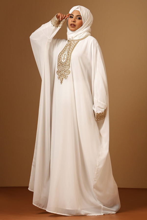 White Fine Georgette Kaftan Abaya with Gold Zari Embroider - EastEssence.com