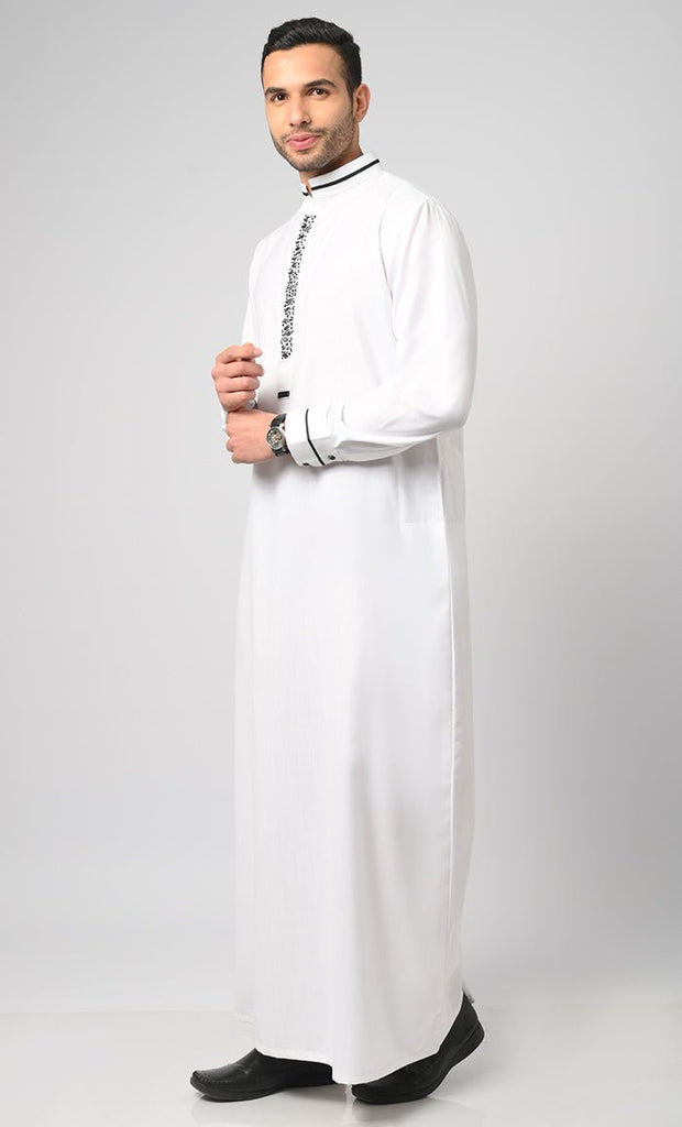 White Formal Modern Thobe / Jubba With Contrasting Black Embroidered Detail - Final Sale - EastEssence.com