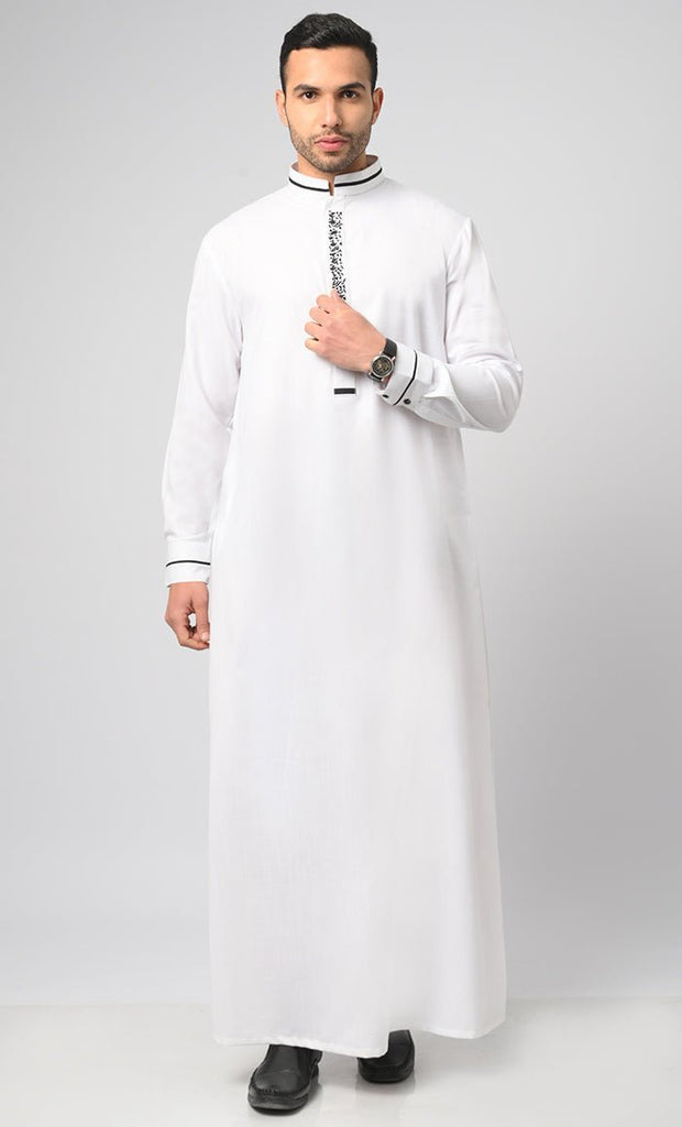 White Formal Modern Thobe / Jubba With Contrasting Black Embroidered Detail - Final Sale - EastEssence.com