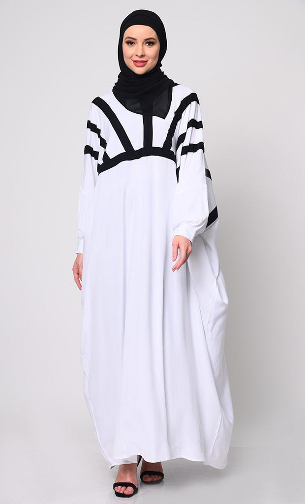 White Kaftan with Contrasting Color Trims and Functional Pockets - EastEssence.com