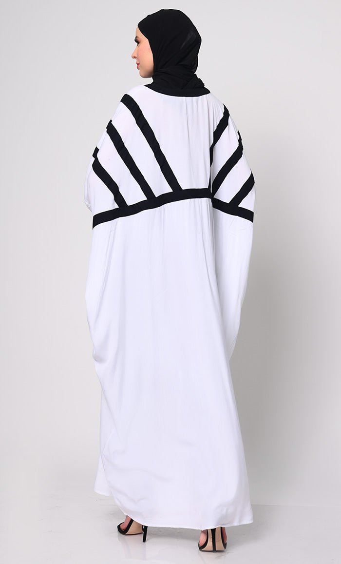 White Kaftan with Contrasting Color Trims and Functional Pockets - EastEssence.com