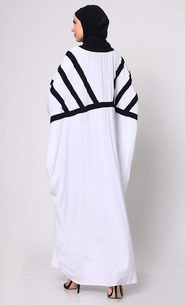 White Kaftan with Contrasting Color Trims and Functional Pockets - EastEssence.com