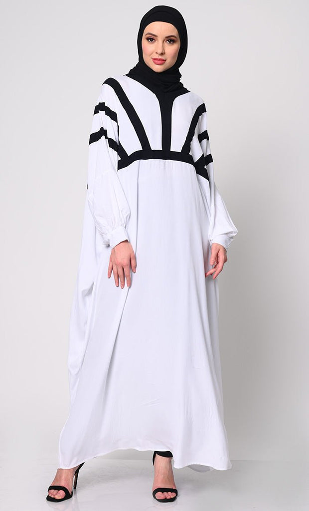 White Kaftan with Contrasting Color Trims and Functional Pockets - EastEssence.com