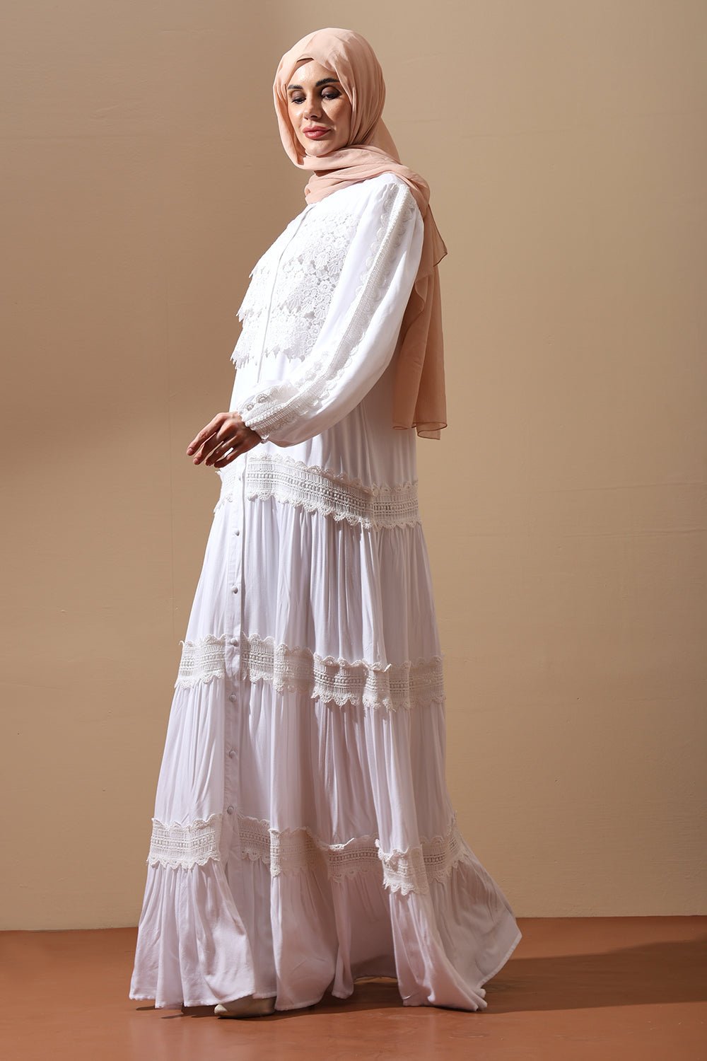 White Lace Panel Abaya Dress - EastEssence.com