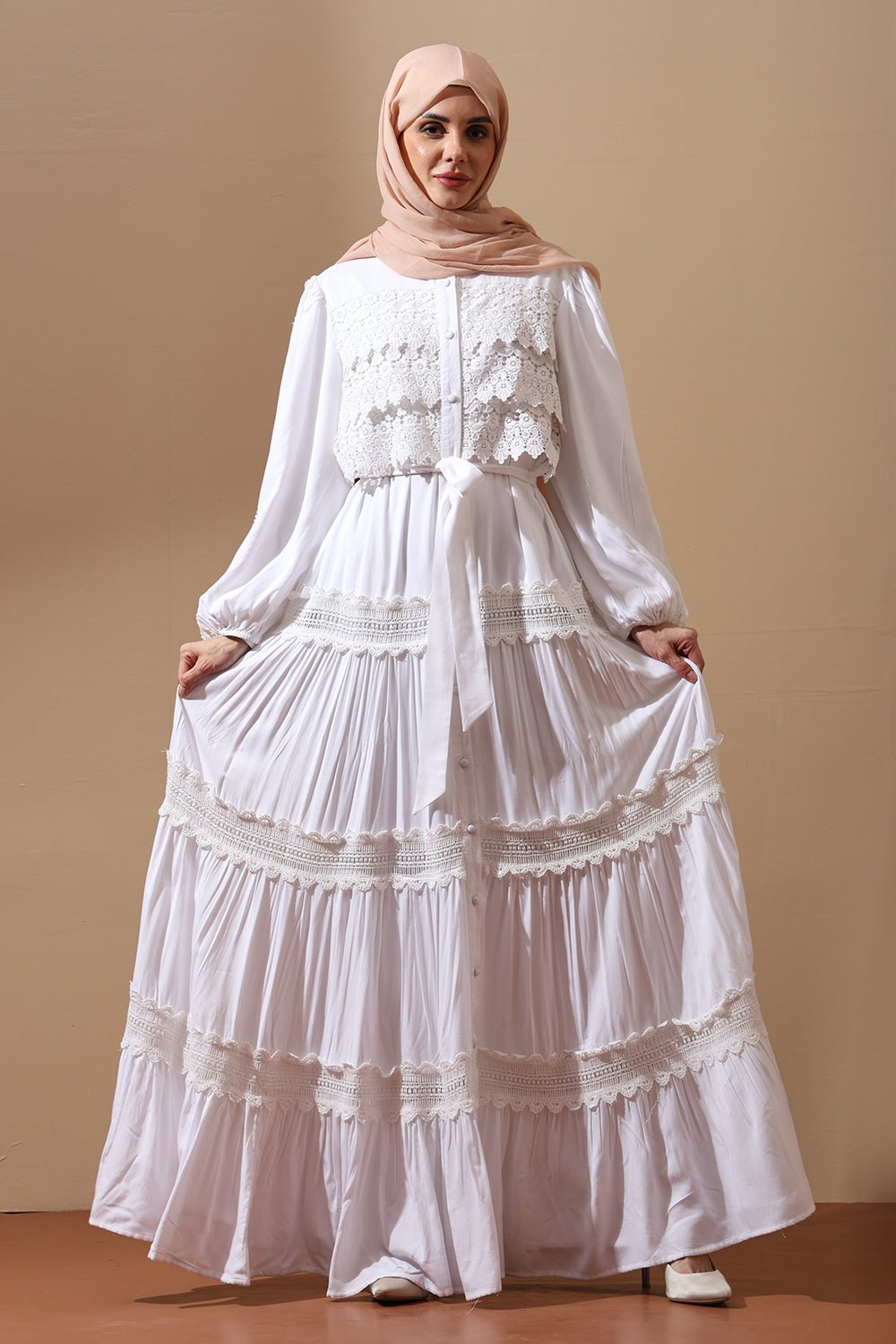 White Lace Panel Abaya Dress - EastEssence.com