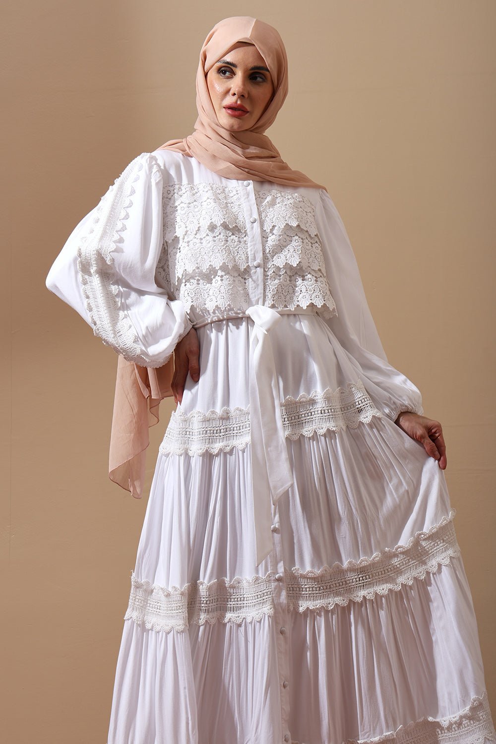 White Lace Panel Abaya Dress - EastEssence.com