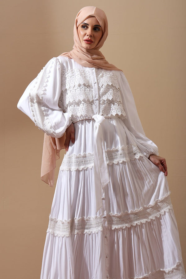 White Lace Panel Abaya Dress - EastEssence.com