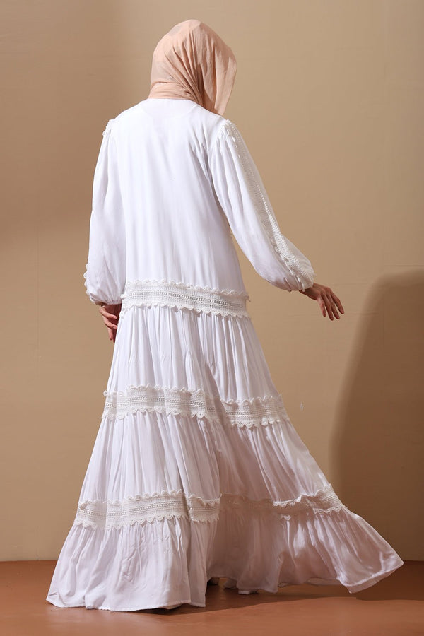 White Lace Panel Abaya Dress - EastEssence.com