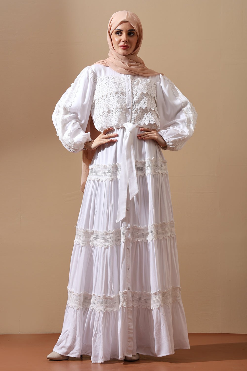 White Lace Panel Abaya Dress - EastEssence.com