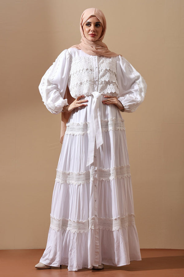 White Lace Panel Abaya Dress - EastEssence.com