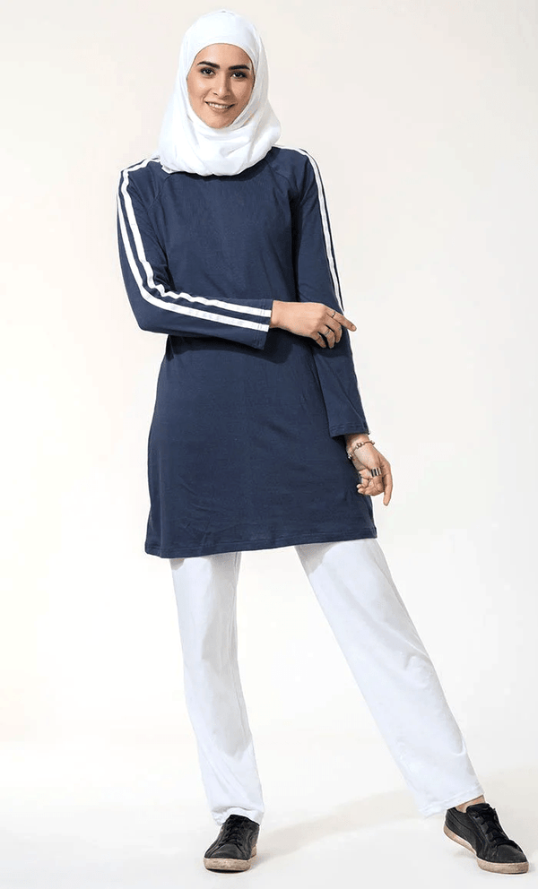White Striped Long Active Wear Tunic Top - EastEssence.com