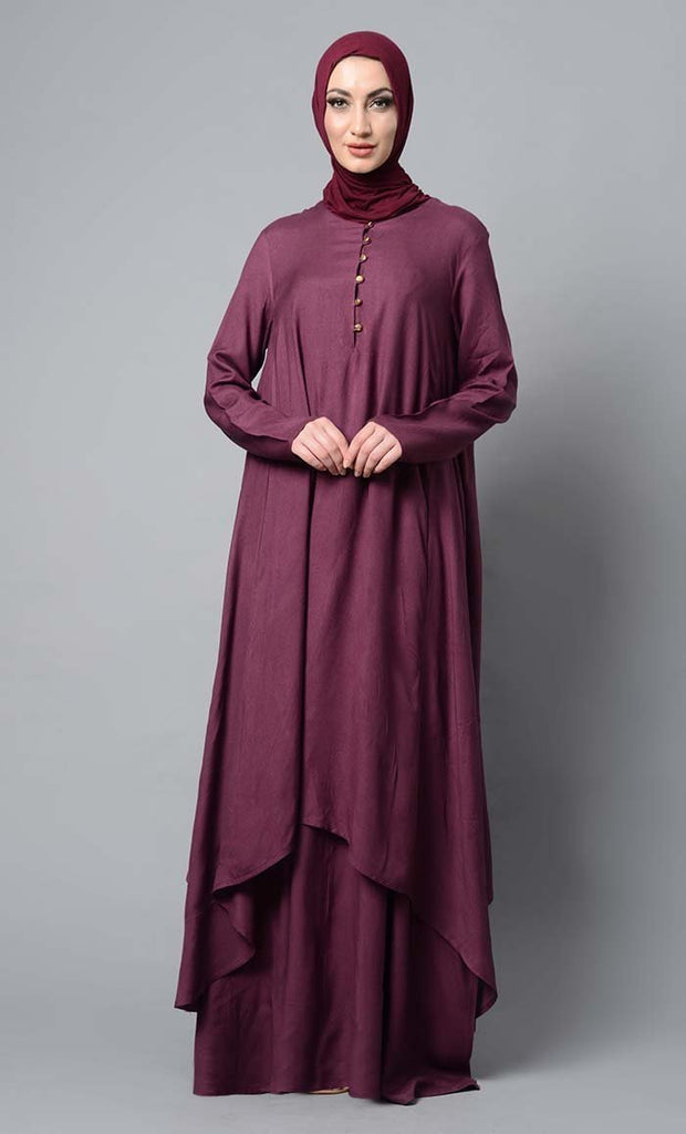 Wine Asymmetrical double layered modest wear muslimah abaya dress - Final Sale - EastEssence.com