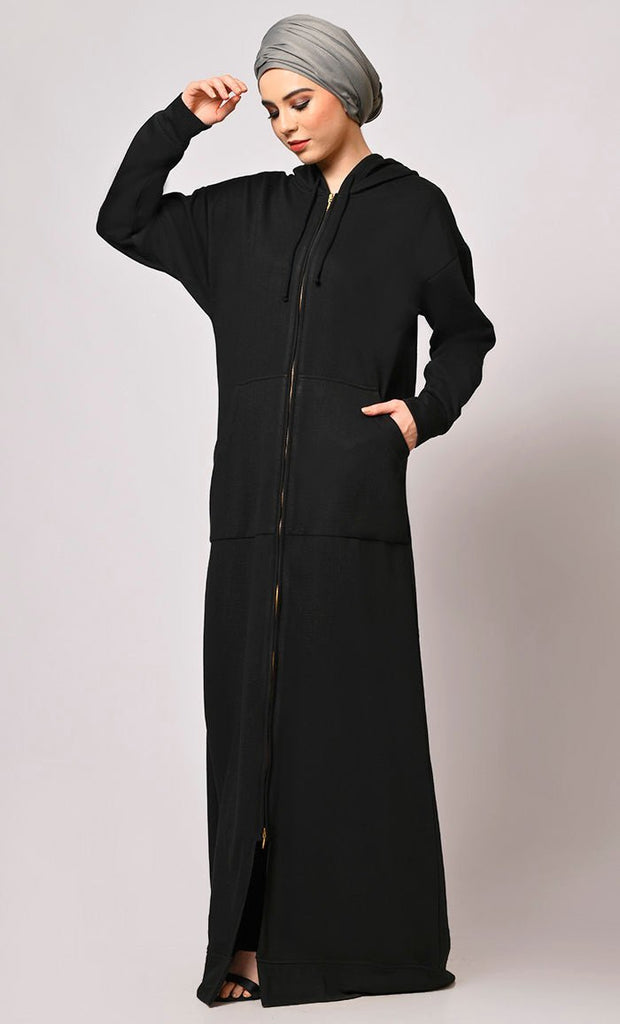 Winter Wardrobe Essential: Black Fleece Hooded Abaya - Final Sale - EastEssence.com