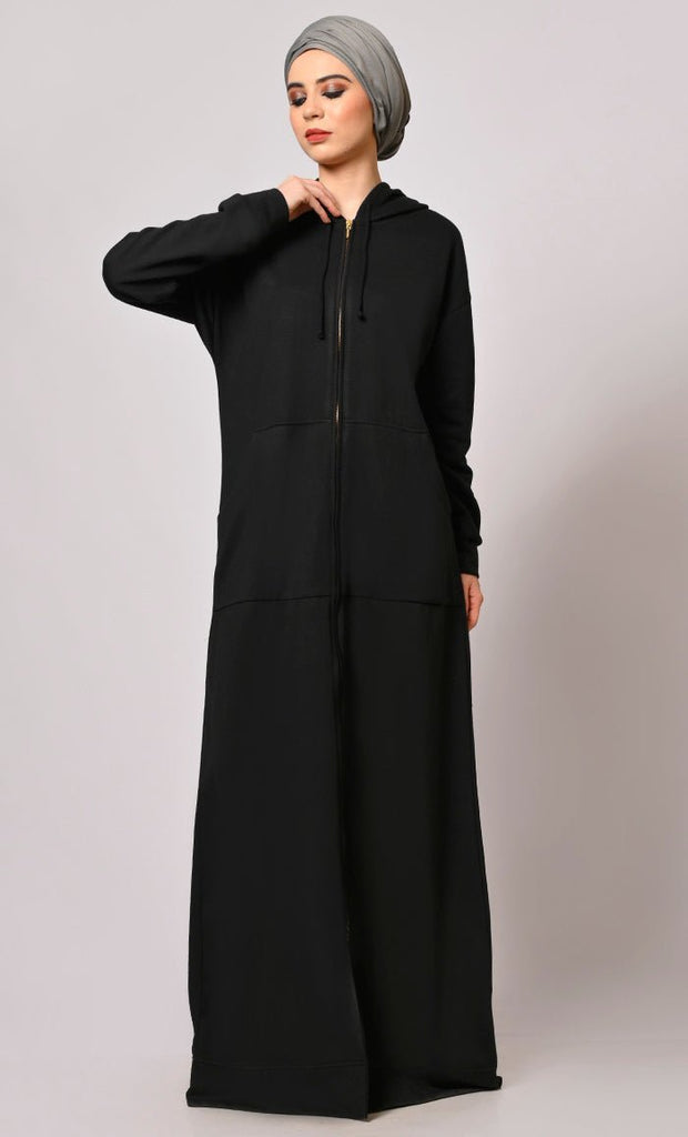 Winter Wardrobe Essential: Black Fleece Hooded Abaya - Final Sale - EastEssence.com