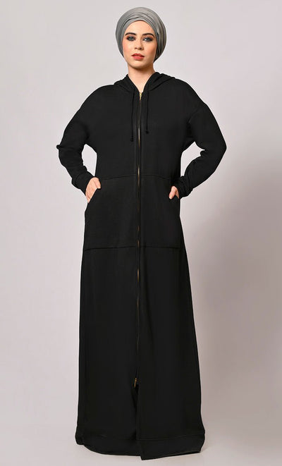 Winter Wardrobe Essential: Black Fleece Hooded Abaya - Final Sale - EastEssence.com