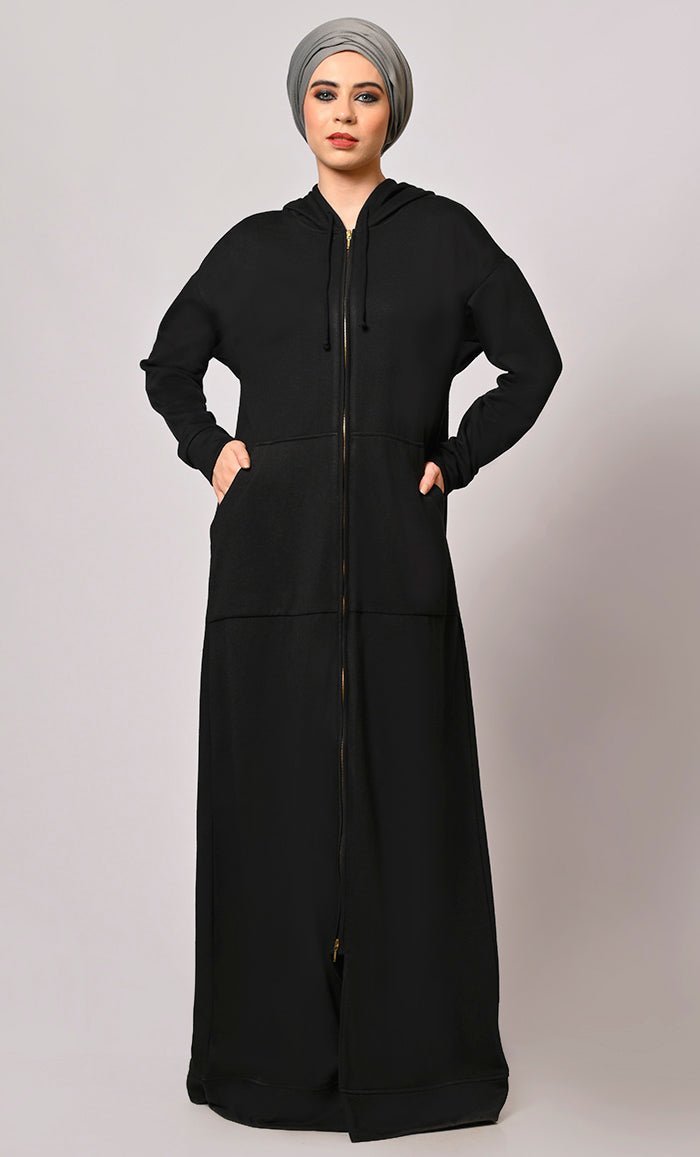 Winter Wardrobe Essential: Black Fleece Hooded Abaya - Final Sale - EastEssence.com