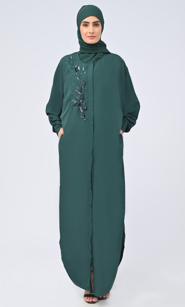 Women Islamic Umbrella Cut Kashibo Hidden Button Down Abaya - Final Sale - EastEssence.com