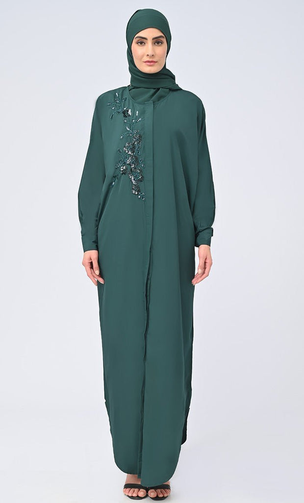 Women Islamic Umbrella Cut Kashibo Hidden Button Down Abaya - Final Sale - EastEssence.com