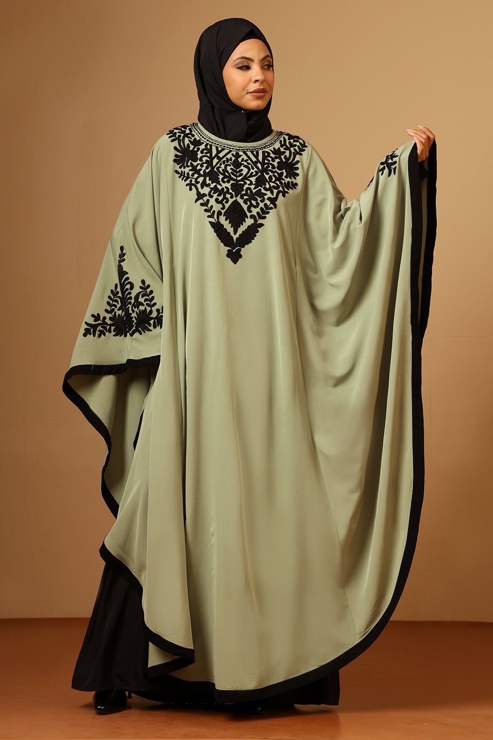 Women Muslimah Islamic Embroidered Kaftan Abaya with Black stripe