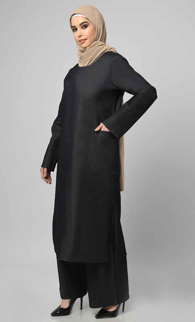 Women's 2Pc Denim Abaya With Pockets Included - EastEssence.com