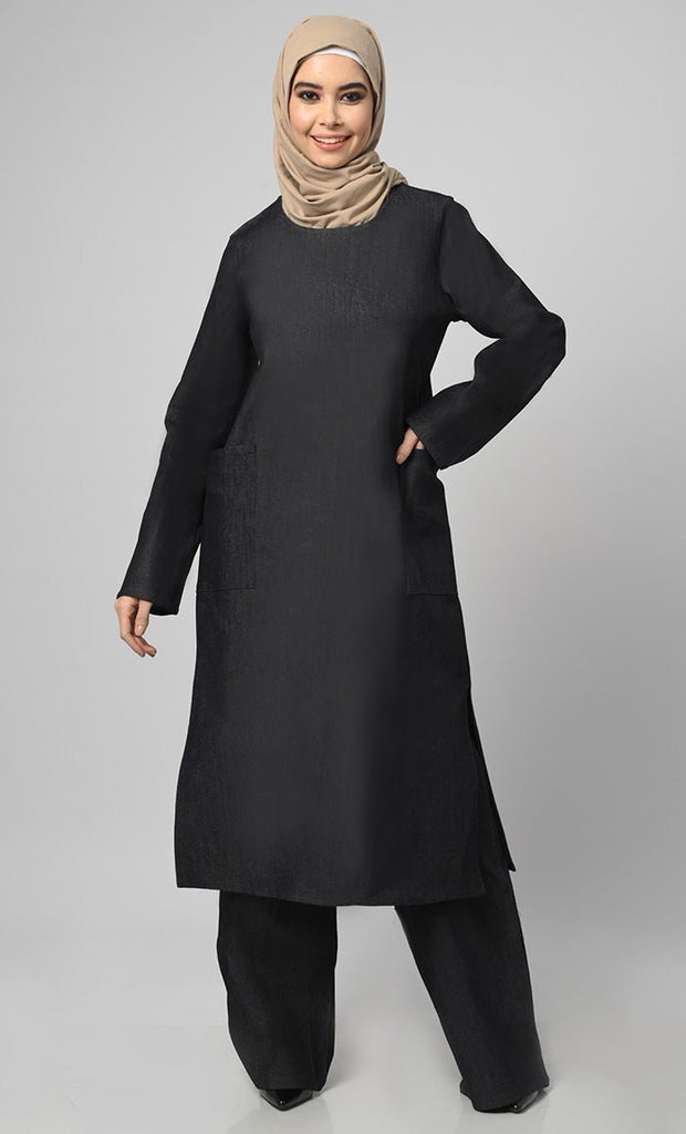 Women's 2Pc Denim Abaya With Pockets Included - EastEssence.com