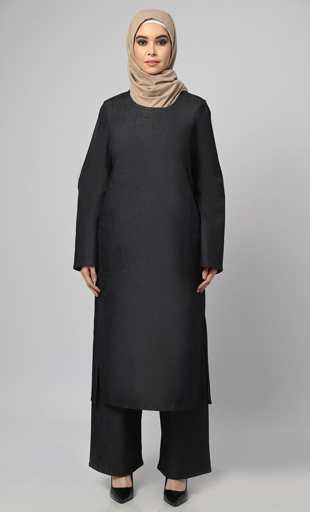 Women's 2Pc Denim Abaya With Pockets Included - EastEssence.com