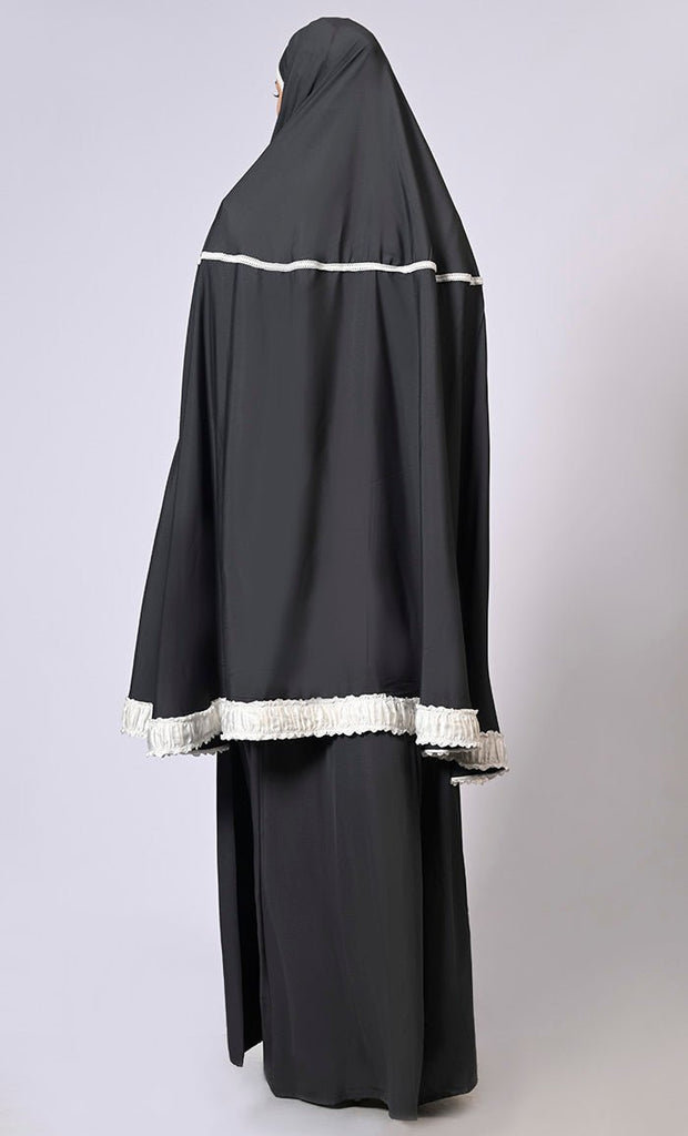 Women's Black Khimar Ensemble Enhanced by Satin Frill Lace - Final Sale - EastEssence.com