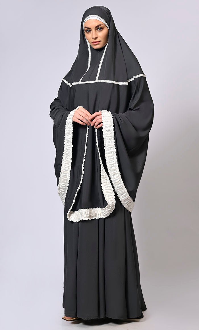 Women's Black Khimar Ensemble Enhanced by Satin Frill Lace - Final Sale - EastEssence.com