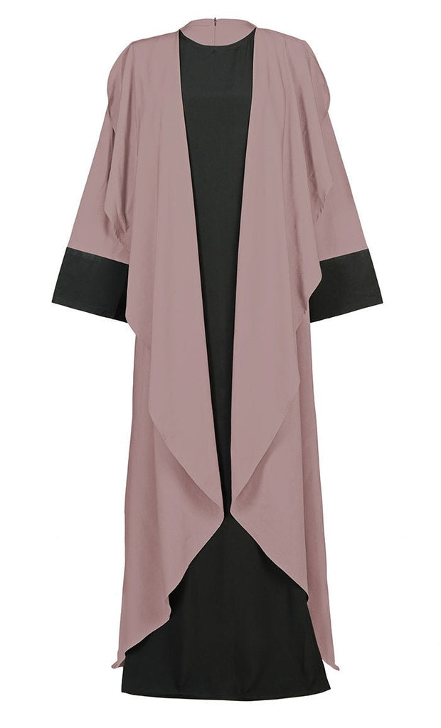 Women's Comfortable Black And Rose Dust Double Layered Abaya With Pockets (Black and Rose Dust) - Final Sale - EastEssence.com