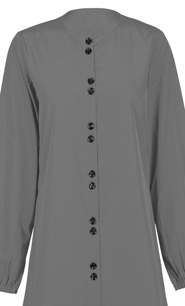 Women's Comfortable Grey Kashibo Basic Button Down Abaya With Pockets - Final Sale - EastEssence.com