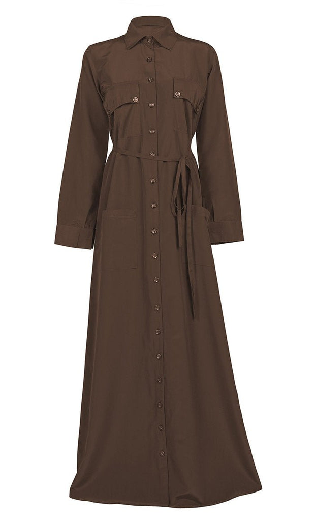 Women's Comfortable Kashibo Dark Brown Button Down Abaya With Pockets And Loose Belt - Final Sale - EastEssence.com