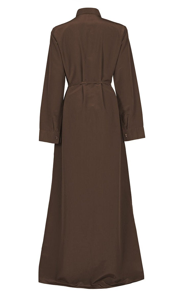 Women's Comfortable Kashibo Dark Brown Button Down Abaya With Pockets And Loose Belt - Final Sale - EastEssence.com