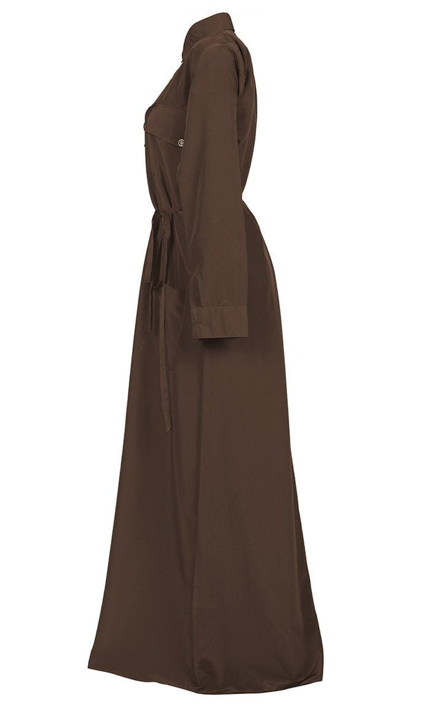 Women's Comfortable Kashibo Dark Brown Button Down Abaya With Pockets And Loose Belt - Final Sale - EastEssence.com