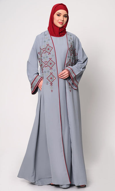 Women's Elegant 2Pc Embroidered Grey Shrug and Inner Set - EastEssence.com