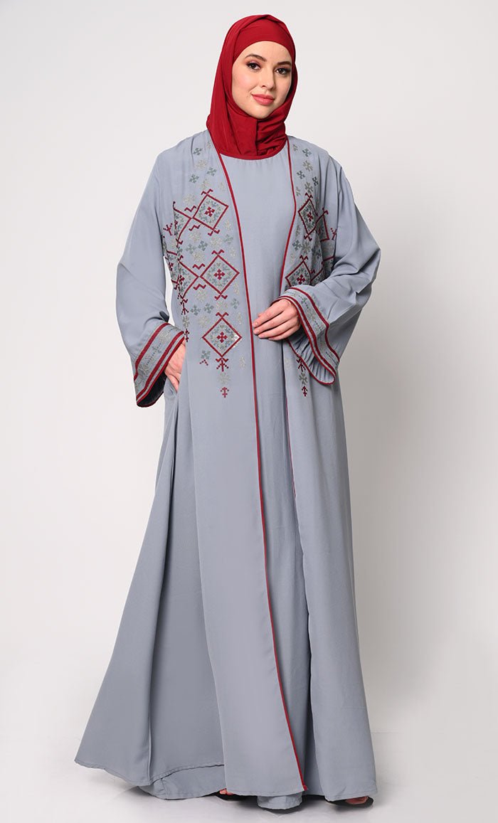 Women's Elegant 2Pc Embroidered Grey Shrug and Inner Set - EastEssence.com