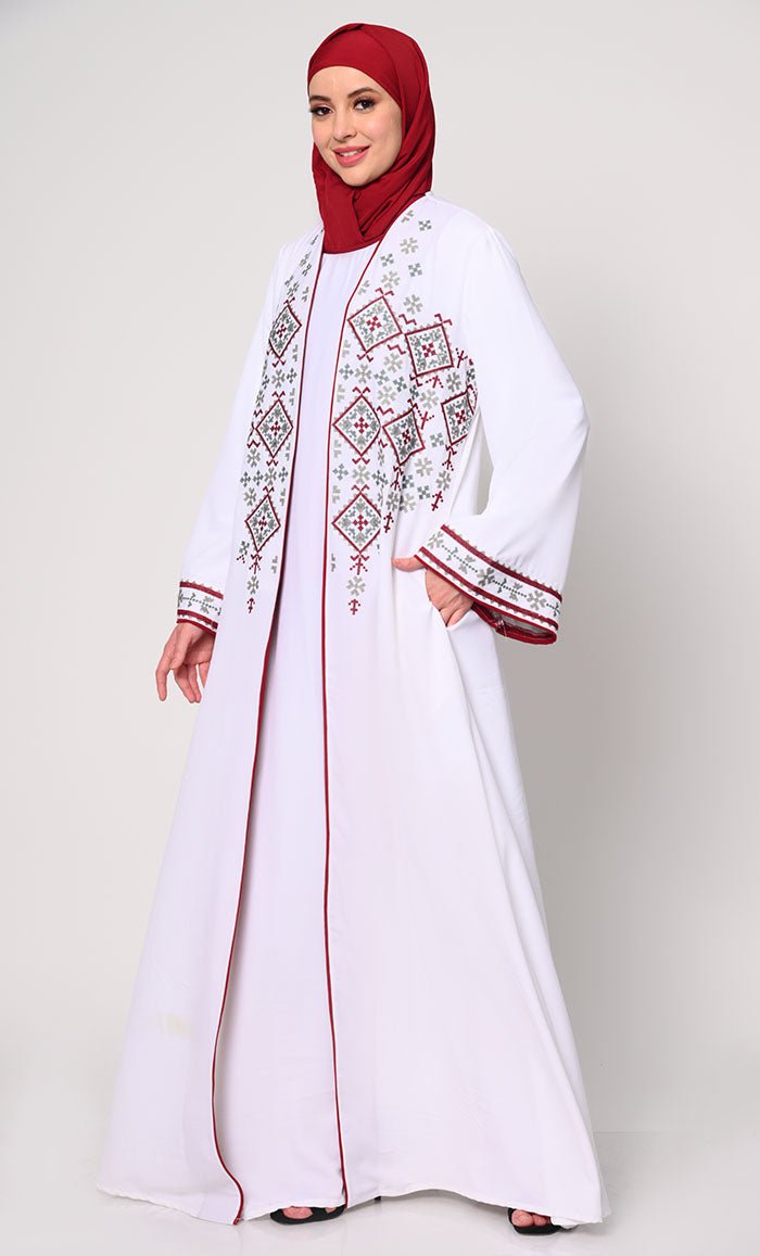 Women's Elegant 2Pc Embroidered White Shrug and Inner Set - EastEssence.com