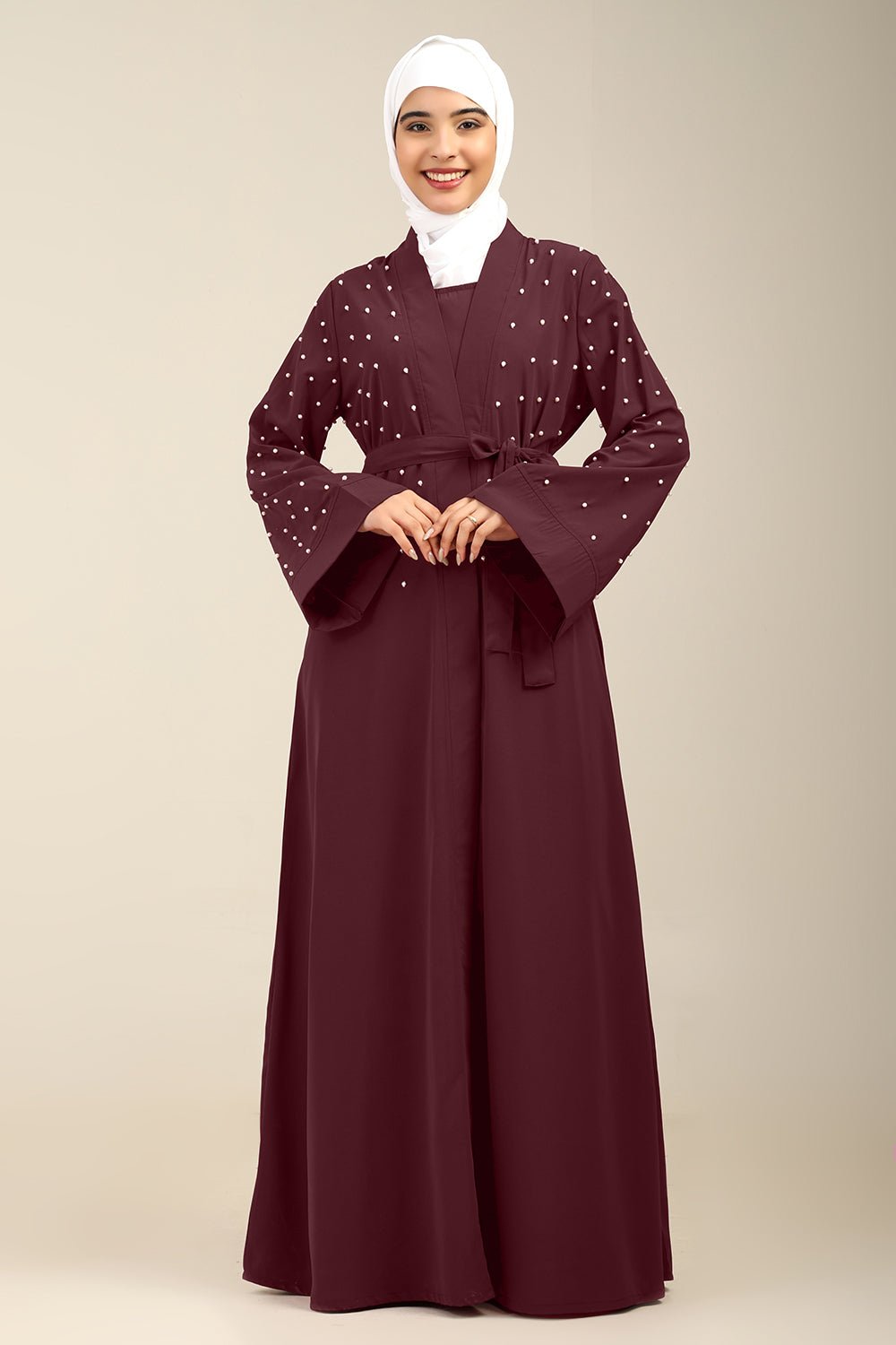 Women’s Firdous Beaded Shrug Style Abaya with Inner & Belt - EastEssence.com