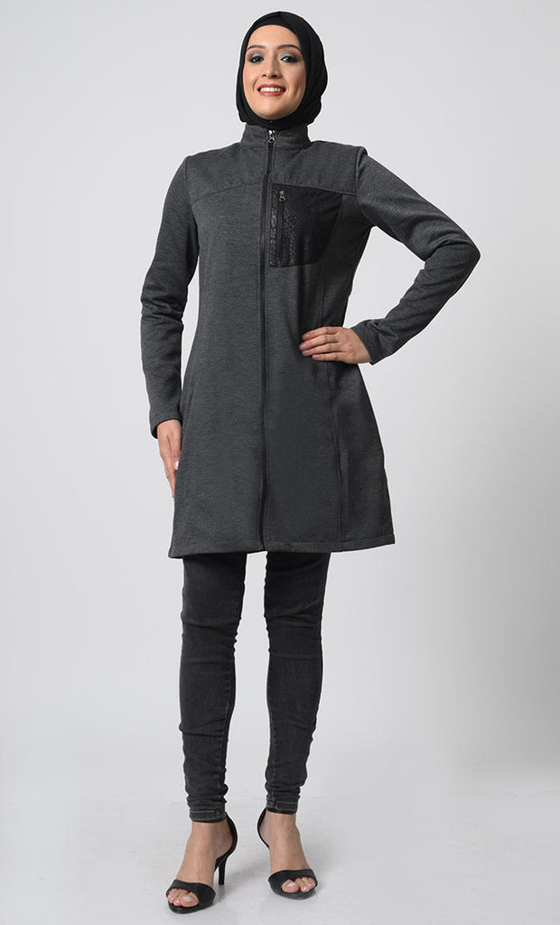 Women’s Fleece Tunic – 34 - 36 Inch Length, Stand Collar, Chest Pocket, Zipper Closure - EastEssence.com