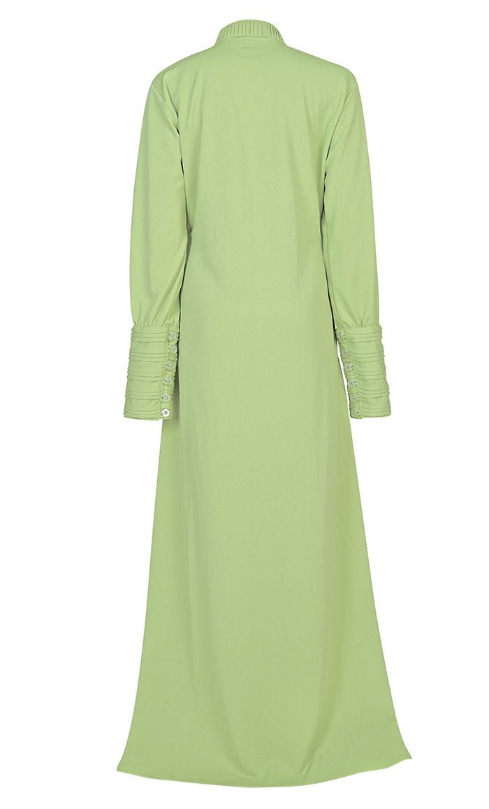 Women's Front Yoke And Sleeves Detailing Green Warm Pantroma Abaya With Pockets - Final Sale - EastEssence.com
