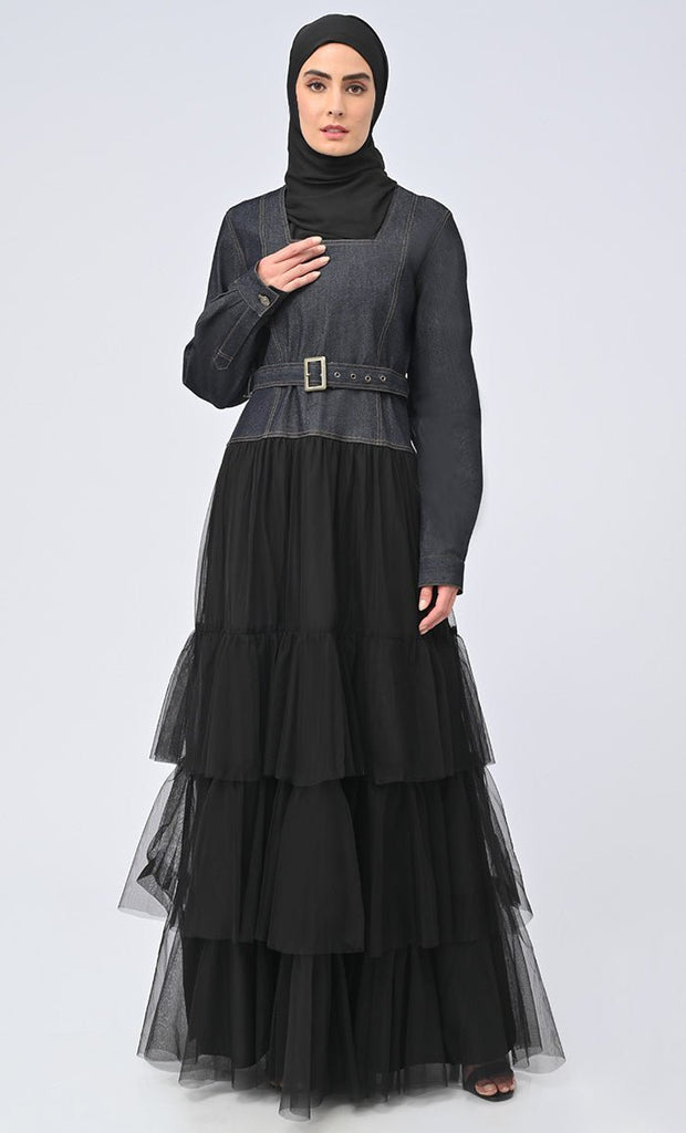 Women's Graceful Denim Flared Abaya With Net Detailing On Bottom - Final Sale - EastEssence.com