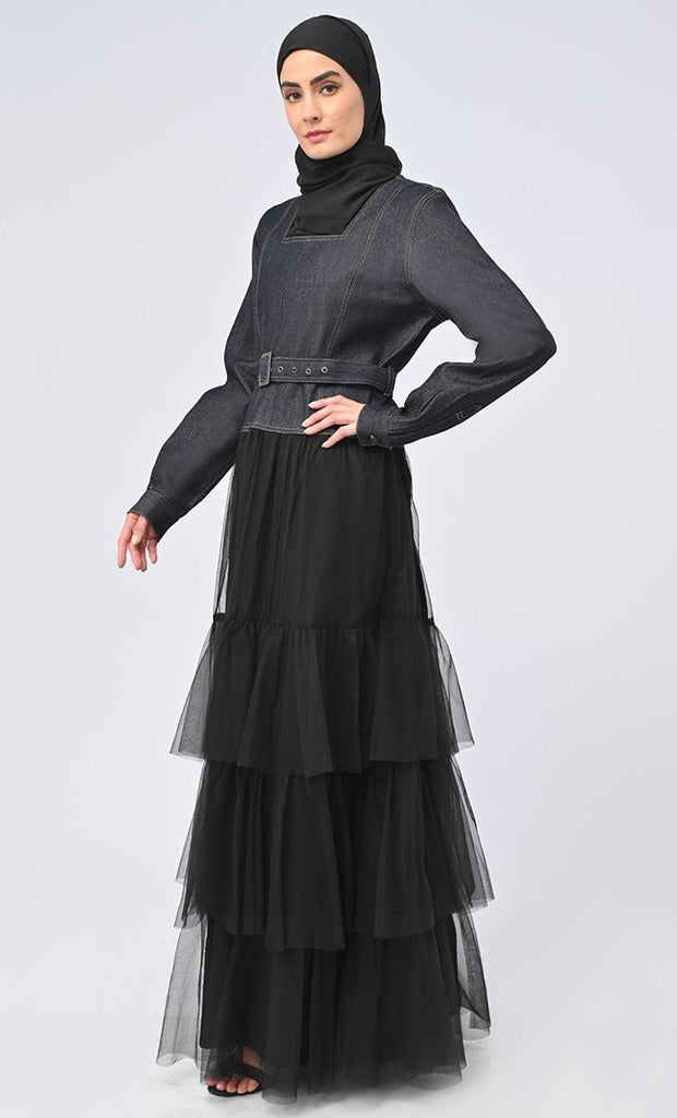 Women's Graceful Denim Flared Abaya With Net Detailing On Bottom - Final Sale - EastEssence.com