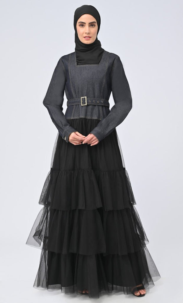 Women's Graceful Denim Flared Abaya With Net Detailing On Bottom - Final Sale - EastEssence.com