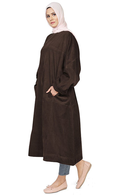 Women's Islamic Warm Brown Corduroy Long Tunic - Final Sale - EastEssence.com
