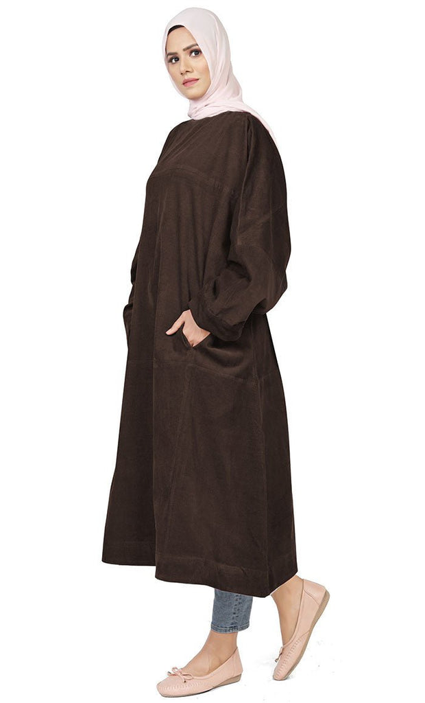 Women's Islamic Warm Brown Corduroy Long Tunic - Final Sale - EastEssence.com