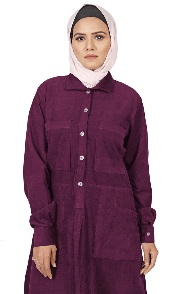 Women's Islamic Warm Corduroy Collar Button Wine Long Tunic - EastEssence.com