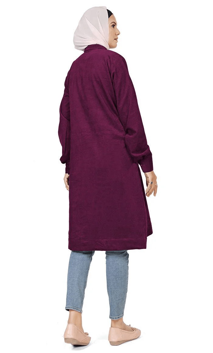 Women's Islamic Warm Corduroy Collar Button Wine Long Tunic - EastEssence.com