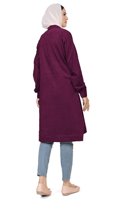 Women's Islamic Warm Corduroy Collar Button Wine Long Tunic - EastEssence.com