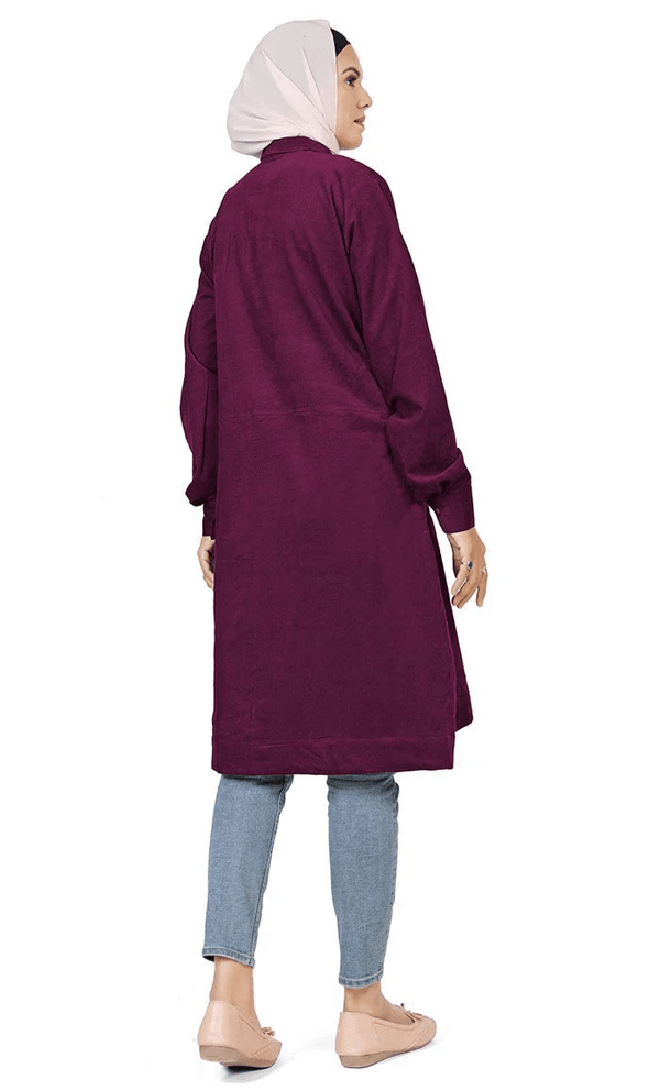 Women's Islamic Warm Corduroy Collar Button Wine Long Tunic - EastEssence.com